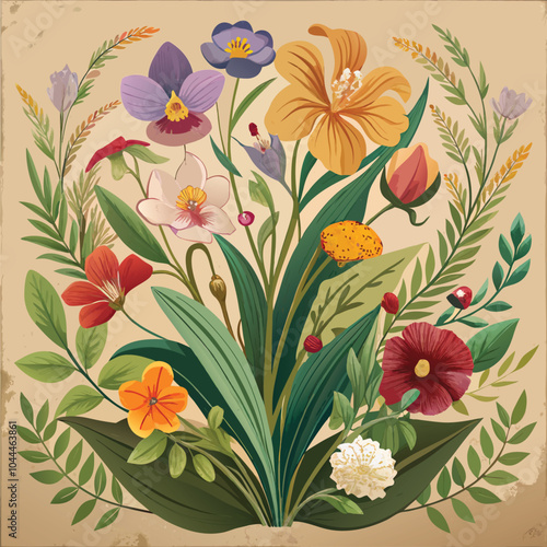 vintage floral greeting card illustration with orchids, tulips, wildflowers, and plants on aged paper. Let me know if you'd like any modifications