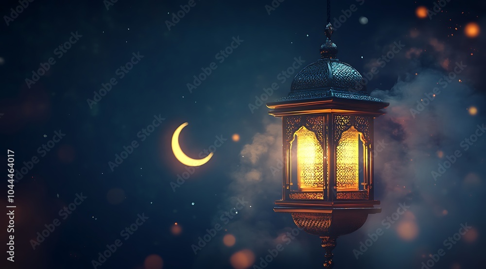 Eid Mubarak and Ramadan Kareem greetings with an Islamic lantern and a crescent moon in a night background Eid Mubarak and Ramadan Kareem greetings with an Islamic lantern and a crescent moon in a night background