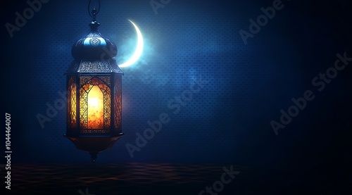 Eid Mubarak and Ramadan Kareem greetings with an Islamic lantern and a crescent moon in a night background photo