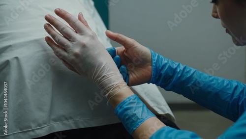 A nurse with blue gloves doing bandage on a wound on a person's foot, Generative AI
