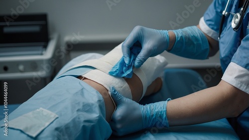 A nurse with blue gloves doing bandage on a wound on a person's foot, Generative AI
