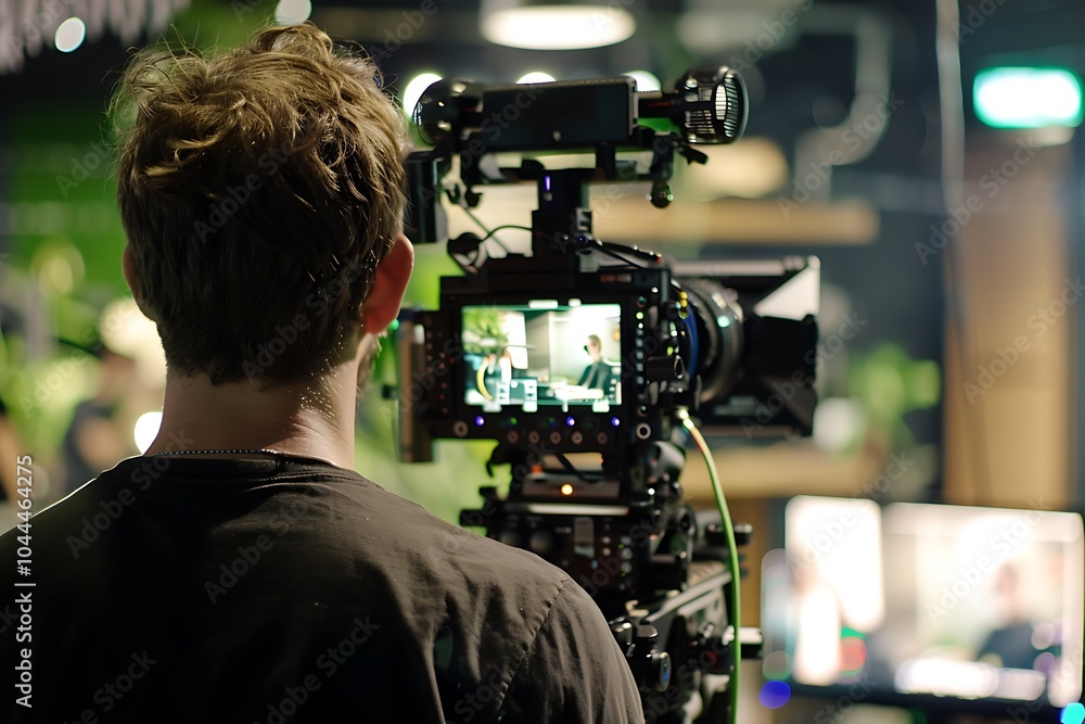 Filmmaker Operating Professional Camera for an Interview Shoot in a Studio Setting Filmmaker Operating Professional Camera for an Interview Shoot in a Studio Setting