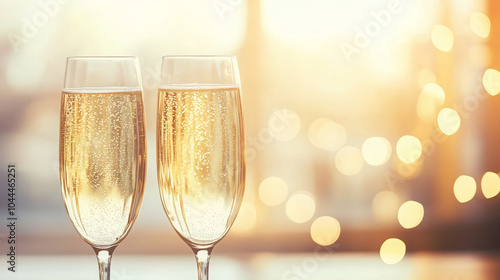 Two glasses of champagne with golden bubbles in a beautiful, light-filled, bokeh background. The concept of celebration, a new year, Christmas, or other festive events.