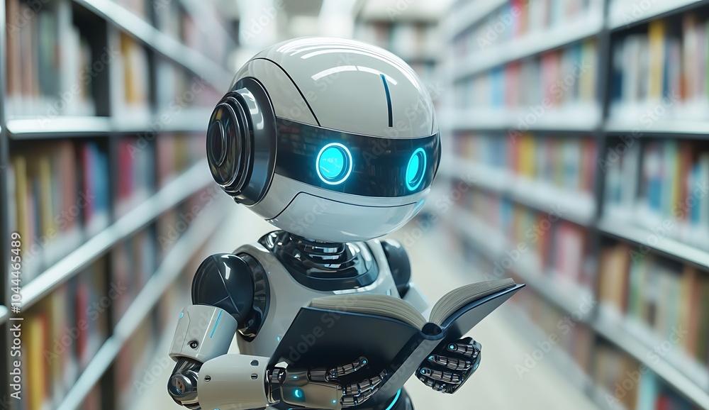 A futuristic robot holding an open book in a modern library aisle, symbolizing the blending of technology and education A futuristic robot holding an open book in a modern library aisle, symbolizing the blending of technology and education