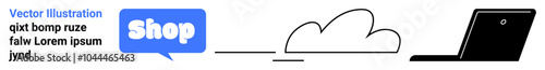 Laptop with cloud connected to a speech bubble with Shop. Ideal for e-commerce, online shopping, technology, cloud services, and digital marketing. Banner for landing page