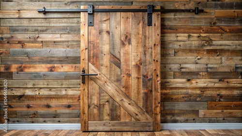 Rustic barn door crafted from reclaimed wood sliding on a black iron track