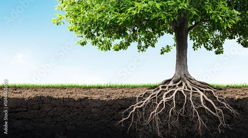 Tree roots in cross-section of soil, promoting deep environmental care photo