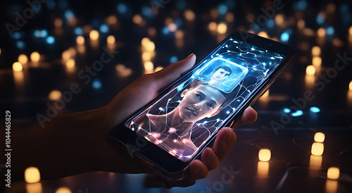  A figure trapped inside a glowing smartphone screen, their face illuminated by the device, symbolizing addiction to technology and social media.