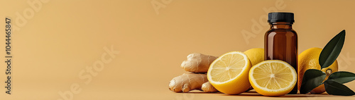 Bottle, lemon and ginger root on a beige background with space for text, created with Generative AI technology photo