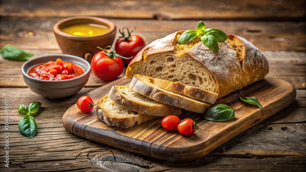 Rustic bread and tomato dip on wooden board Rustic bread and tomato dip on wooden board