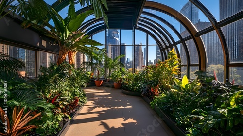 A greenhouse filled with tropical plants on the top of an urban building