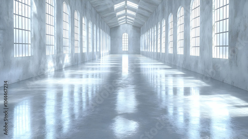 3D Render of Long Hallway with Windows and Reflective Floor