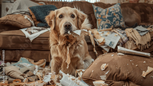 Golden retriever caught making a mess in the living room, surrounded by shredded newspapers and torn cushions, displaying a guilty yet playful expression. Image made using Generative AI.