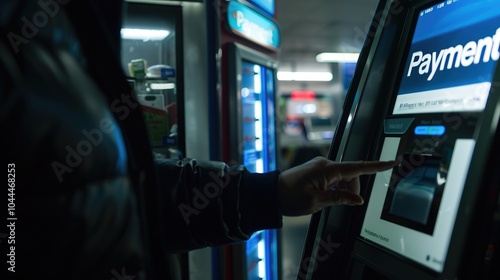 Close-up of an automated self-checkout machine in a convenience store. Technology, retail,efficiency, future, unmanned cashier, user experience, fast food restaurant, pharmacy,unmanned store photo