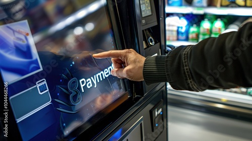 Close-up of an automated self-checkout machine in a convenience store. Technology, retail,efficiency, future, unmanned cashier, user experience, fast food restaurant, pharmacy,unmanned store photo