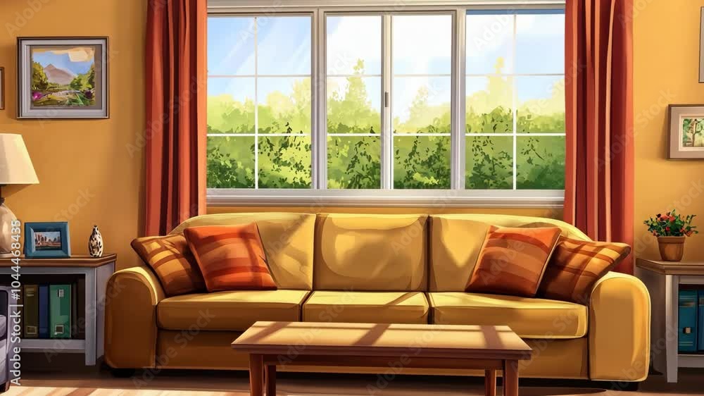 A living room sofa sits by a large window on a sunny day A living room sofa sits by a large window on a sunny day