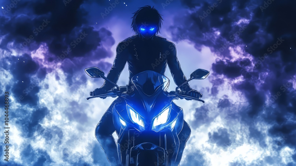 Fototapeta premium Anime muscular male, Blue glowing eyes and black hair, wearing black tracksuit, standing in front of a blue sports motorbike, with smoke effects
