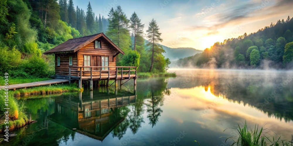 Rustic tropical wooden cabin on stilts overlooking serene lake nestled in lush greenery with morning mist rising in background Rustic tropical wooden cabin on stilts overlooking serene lake nestled in lush greenery with morning mist rising in background