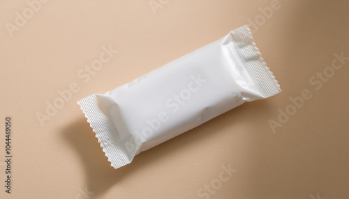 white packaging of chocolate or candy bar isolated on brown background photo