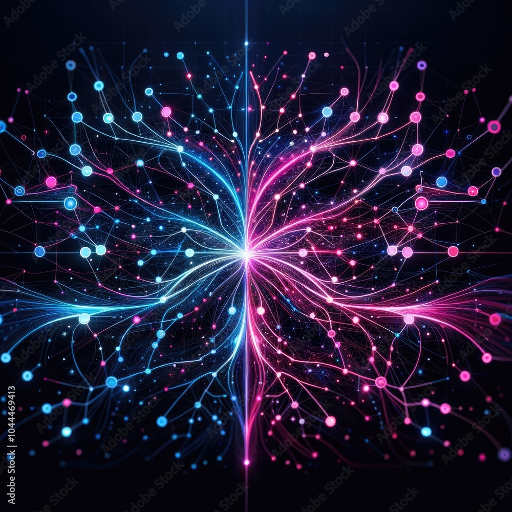 Abstract Neural Network Visualization: Interconnected Nodes and Lines Representing Artificial Intelligence, Neural Pathways, Deep Learning, and Data Flow in a High-Tech Design