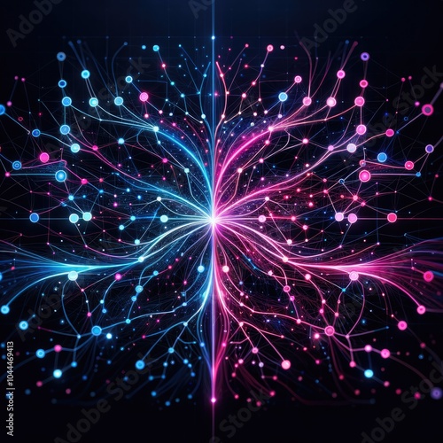Obraz na płótnie Abstract Neural Network Visualization: Interconnected Nodes and Lines Representing Artificial Intelligence, Neural Pathways, Deep Learning, and Data Flow in a High-Tech Design w salonie