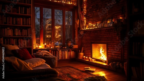 Cozy living room with a warm fireplace, bookshelves, and ambient lighting creating a relaxing atmosphere.