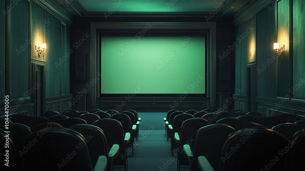 Obraz premium cinema auditorium with heads, chairs and green projection screen. Ready for adding your own picture