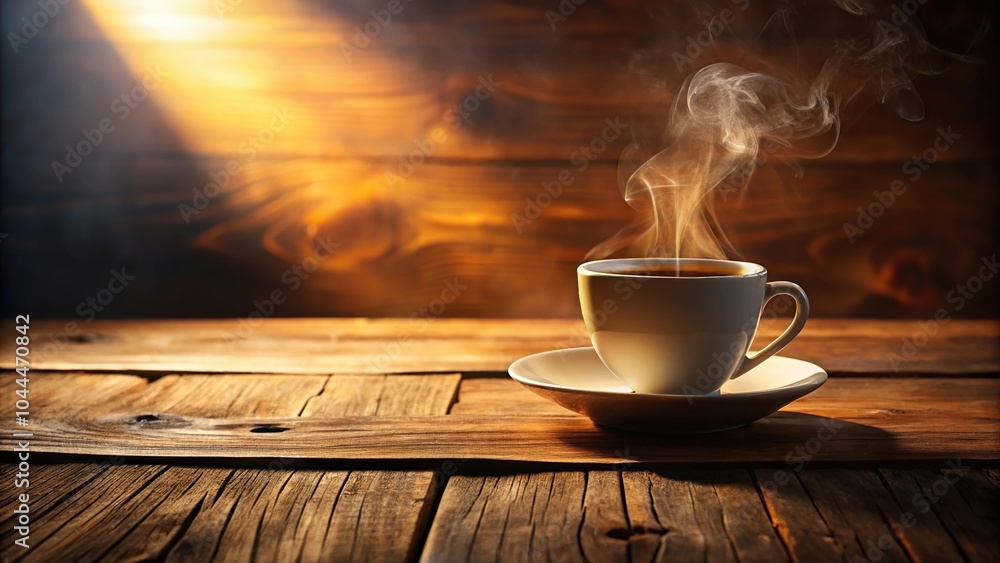 Rustic wooden table with steaming coffee cup in warm light Rustic wooden table with steaming coffee cup in warm light