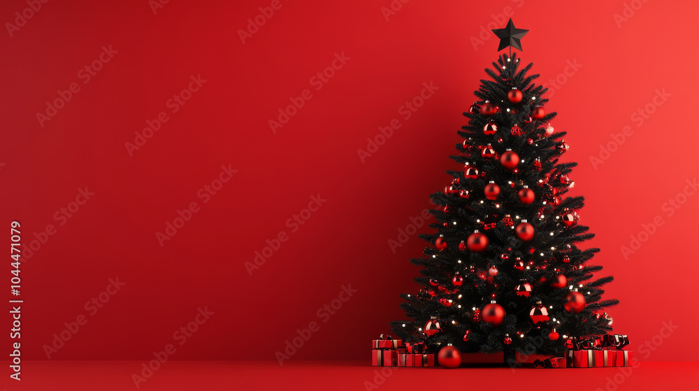 stunning red and black Christmas tree adorned with glowing ornaments creates festive atmosphere. vibrant colors and decorations evoke joyful holiday spirit stunning red and black Christmas tree adorned with glowing ornaments creates festive atmosphere. vibrant colors and decorations evoke joyful holiday spirit