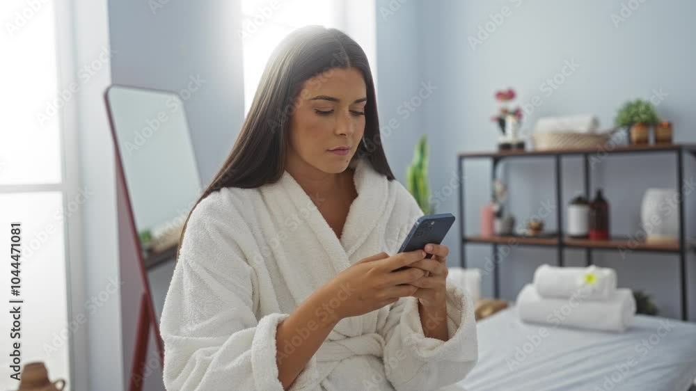 Woman relaxing in a spa room wearing a white bathrobe and using a smartphone while sitting on a bed with neatly arranged towels and a shelf in the background Woman relaxing in a spa room wearing a white bathrobe and using a smartphone while sitting on a bed with neatly arranged towels and a shelf in the background