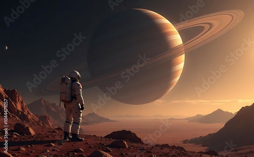 Astronaut on alien planet, gazing at distant gas giant. photo