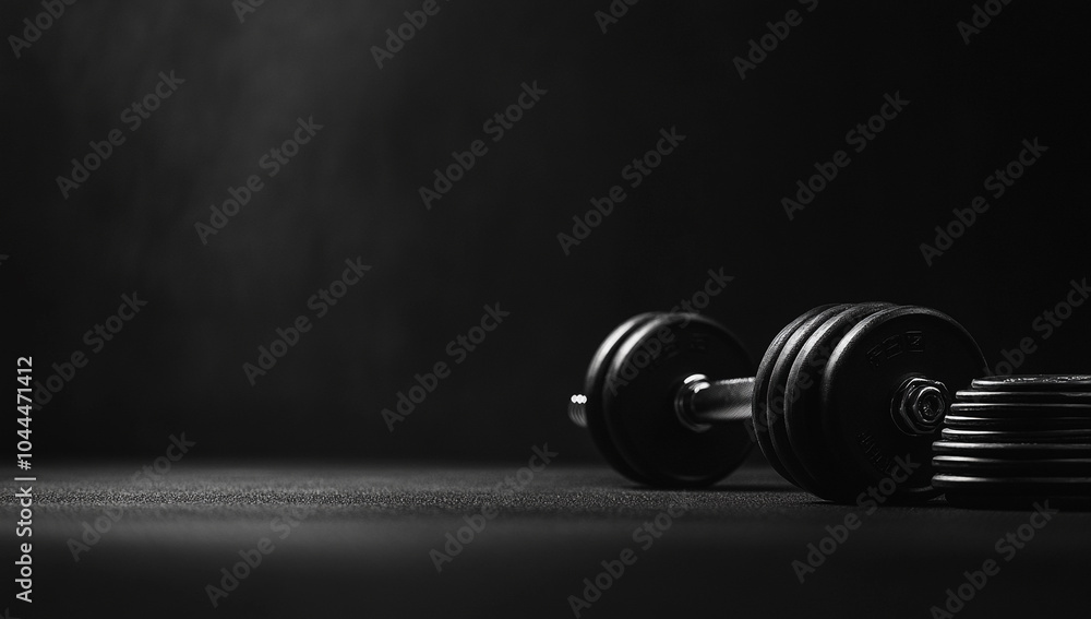 Black Dumbbell on Dark Background in Dramatic Lighting Black Dumbbell on Dark Background in Dramatic Lighting