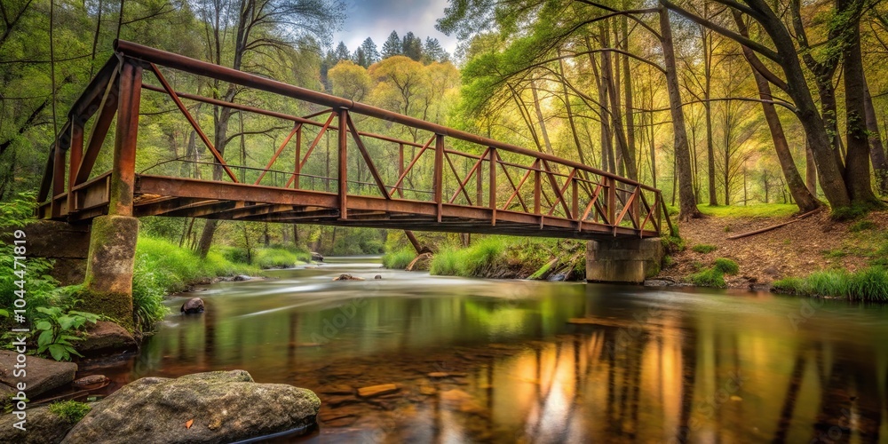 Fototapeta premium Rusty metal bridge over small river in forest