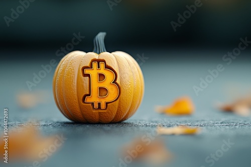 A vibrant orange pumpkin featuring a Bitcoin symbol, blending seasonal autumn vibes with cryptocurrency themes. photo