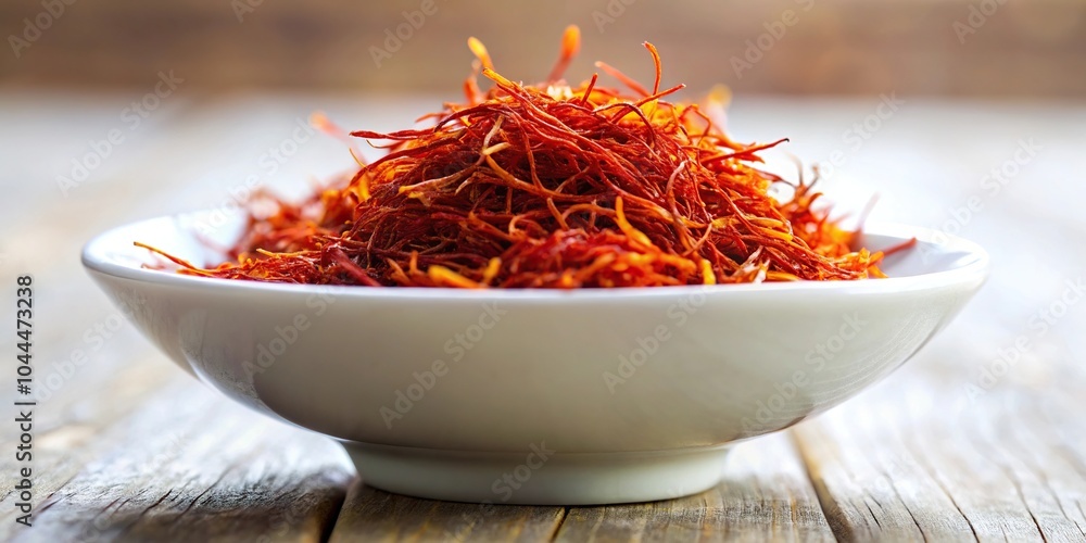 Fototapeta premium Saffron threads in a white porcelain dish next to the mortar