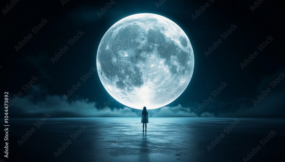 A solitary figure stands on a reflective surface, gazing at a large, luminous moon against a dark sky, creating a serene and mystical atmosphere. A solitary figure stands on a reflective surface, gazing at a large, luminous moon against a dark sky, creating a serene and mystical atmosphere.