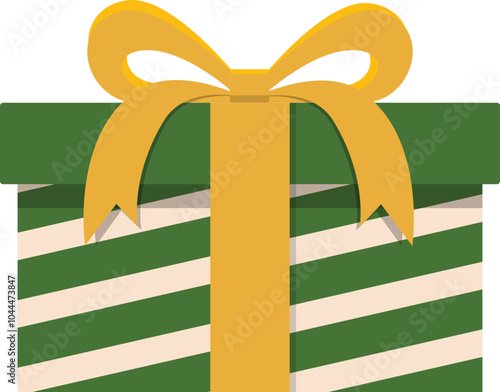 Christmas gift or birthday present with green and white stripes box and yellow ribbon on the top vector illustration