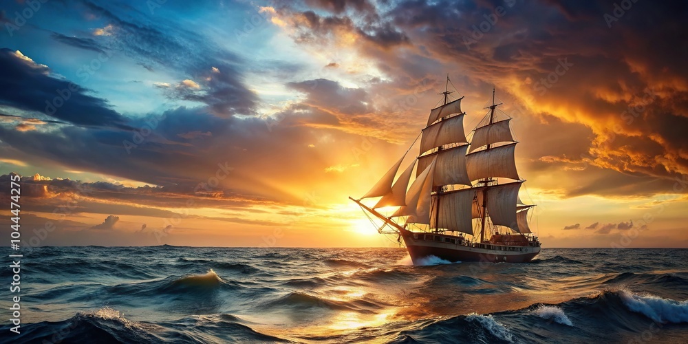 Fototapeta premium Sailing ship with open sails sailing through turbulent waves at sunset