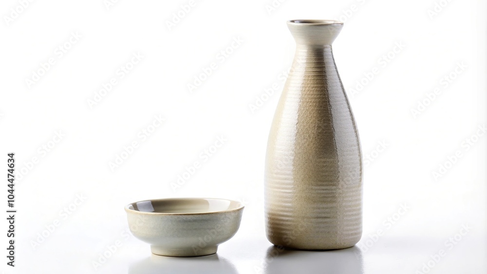 Sake bottle and cup isolated on white background low angle view Sake bottle and cup isolated on white background low angle view