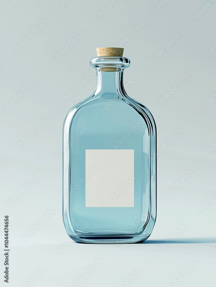 Light blue glass bottle with cork and white label. Light blue glass bottle with cork and white label.