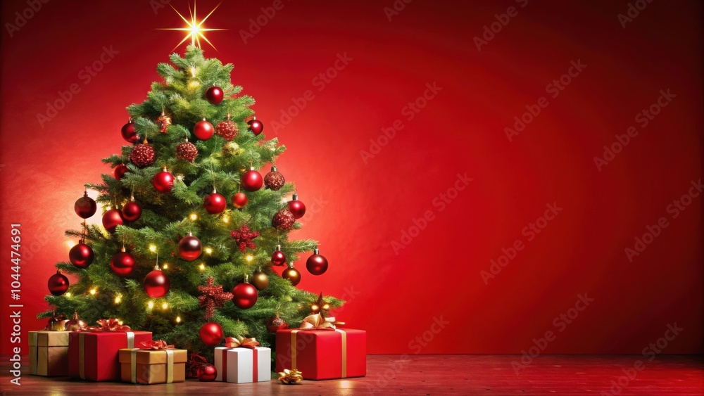 Christmas is approaching with a festive red background and a beautifully decorated tree, holiday, celebration, winter Christmas is approaching with a festive red background and a beautifully decorated tree, holiday, celebration, winter