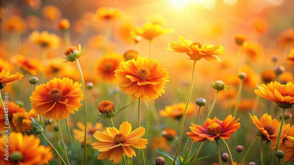 Field of delicate orange and yellow flowers against a soft backdrop, evoking warmth and tranquility in a stunning floral scene Field of delicate orange and yellow flowers against a soft backdrop, evoking warmth and tranquility in a stunning floral scene