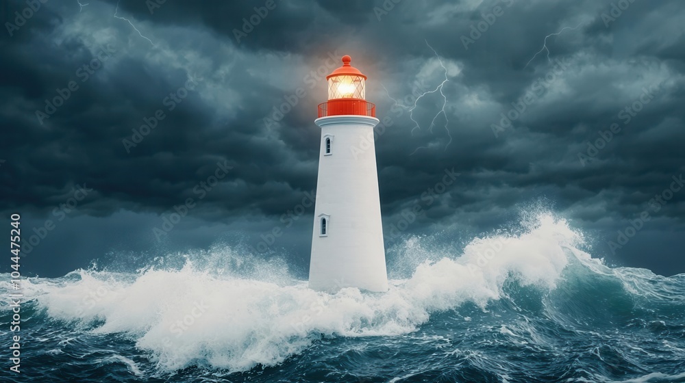 A lighthouse glowing in a stormy sea, symbolizing the promise of safety and guidance A lighthouse glowing in a stormy sea, symbolizing the promise of safety and guidance