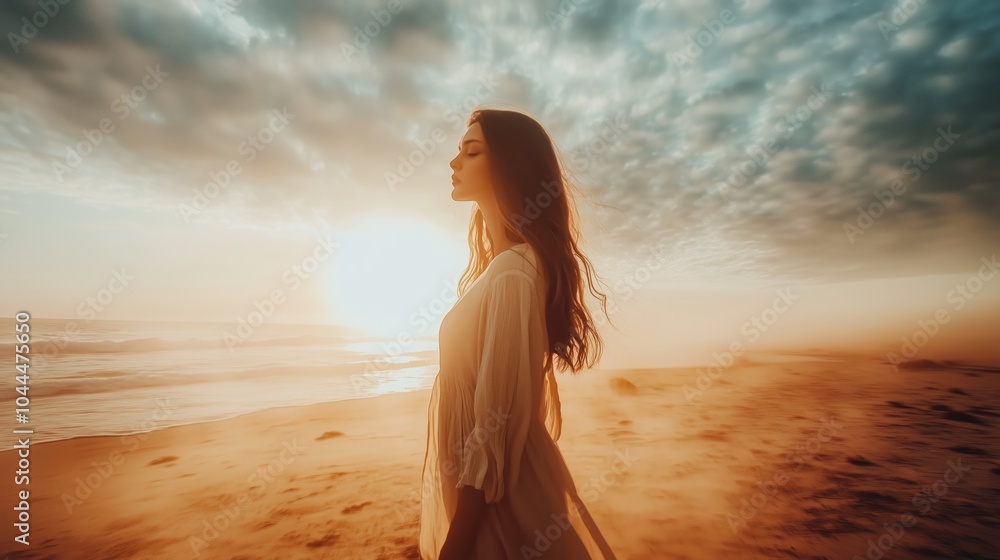 Serene Woman on a Dreamy Beach at Sunset, Embracing the Tranquil Ocean Breeze Serene Woman on a Dreamy Beach at Sunset, Embracing the Tranquil Ocean Breeze