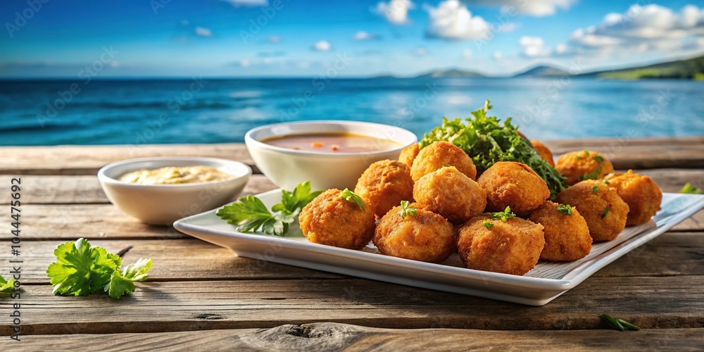 salted cod fritters on wooden table with dipping sauce salted cod fritters on wooden table with dipping sauce