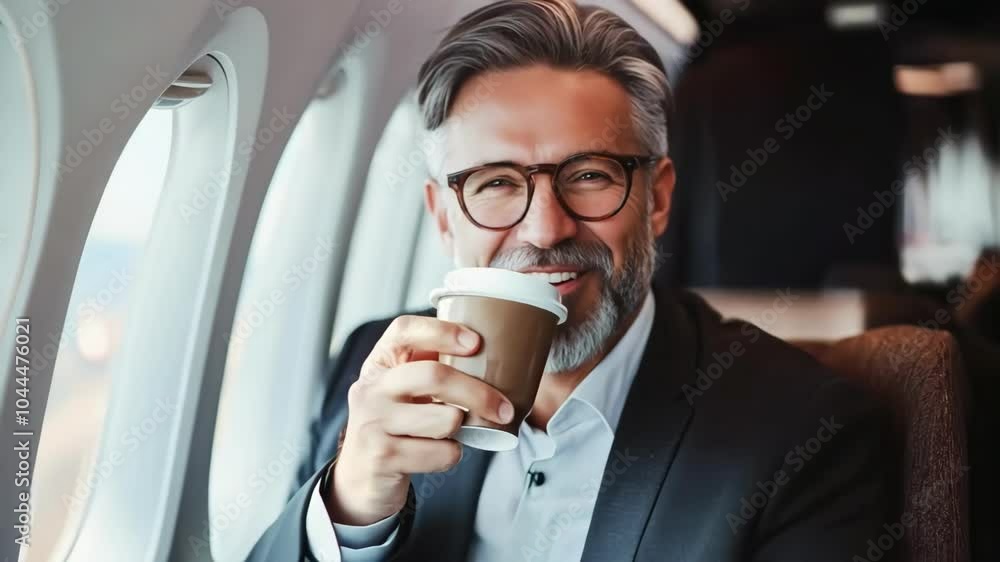 Sky High: Businessman Savoring Coffee During a Flight Sky High: Businessman Savoring Coffee During a Flight