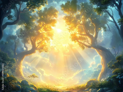 Two trees frame a glowing sunrise in a serene forest.