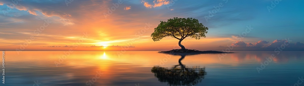 Silhouette of a tree at sunset reflected in still water. Silhouette of a tree at sunset reflected in still water.