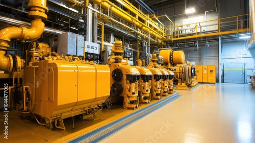 A modern industrial facility featuring yellow machinery, pipelines, and a spacious interior designed for efficient operations.