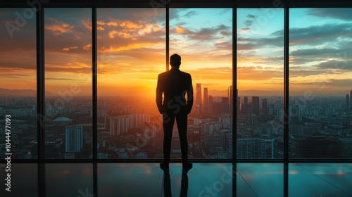 A silhouette of a businessman standing by a large window,